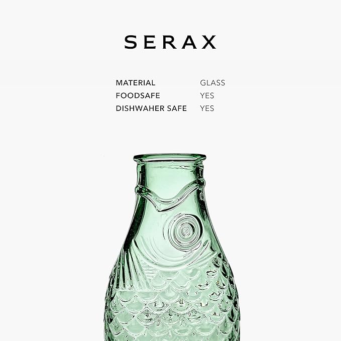 Serax Glass Water Pitcher | Fish & Fish glassware by Paola Navone | Wine Carafe Decanter 28.74 fl oz | Clear Green Bottle Container for hot & cold Drinks | Fridge Beverage Dispenser, Suitable as Vase