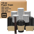 12 oz 500 Pack Coffee Cups with Lids and Sleeves, Straws, Hot Disposable To Go Travel Paper Cups Bulk for Office, Home Coffee Bar Accessories, Chocolate, Cocoa, Beverage (Black)