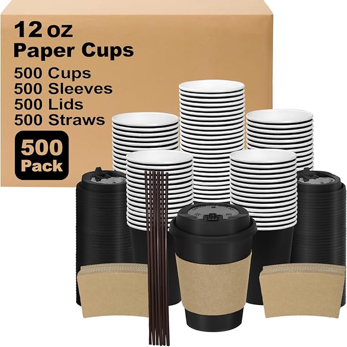 12 oz 500 Pack Coffee Cups with Lids and Sleeves, Straws, Hot Disposable To Go Travel Paper Cups Bulk for Office, Home Coffee Bar Accessories, Chocolate, Cocoa, Beverage (Black)