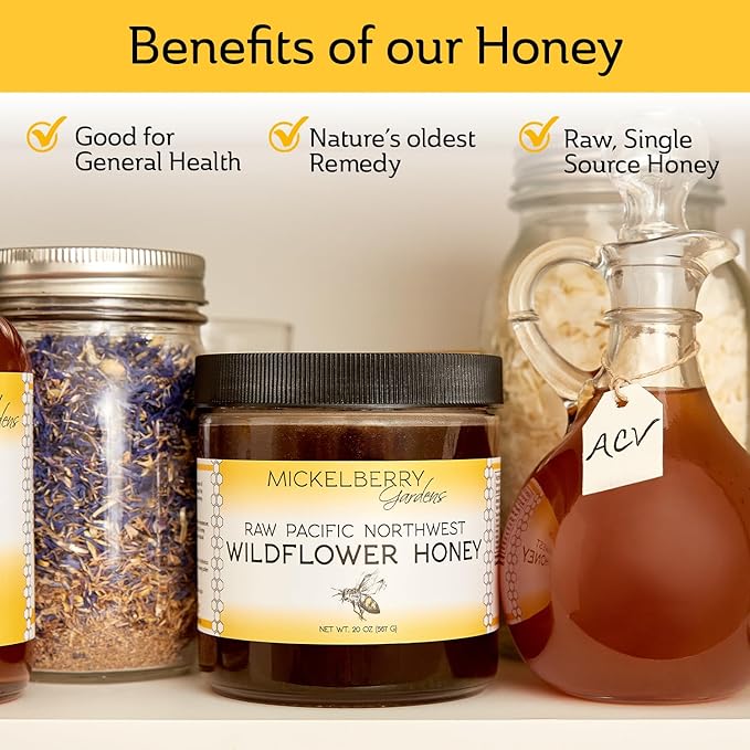 Raw Wildflower Honey - Pure, Unadulterated, Clean, Grade A Strained Honey from the Pacific Northwest (20 ounces)
