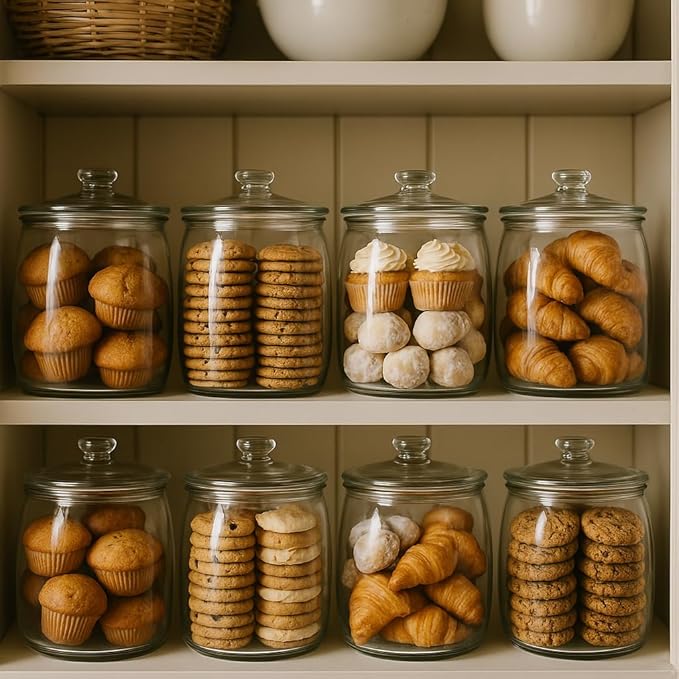Half Gallon Glass Cookie Jars with Airtight Lids - Big Food Storage Containers for Kitchen Pantry - Dog Treats, Flour, Sugar, Biscotti, & Candy - 64oz Canisters Pack of 2