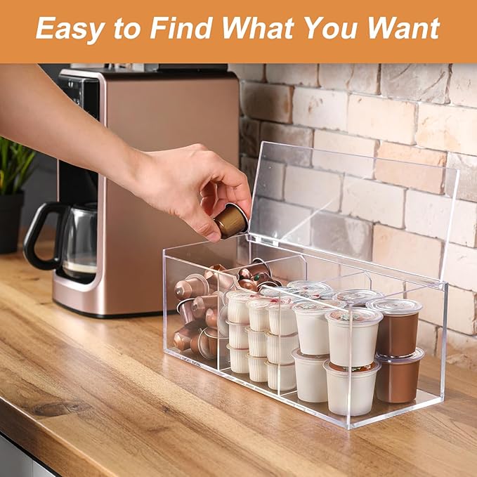 Acrylic Coffee Pod Holder with Lid for 24 Kcup, 3 Compartments Clear Coffee Capsule Storage Organizer for Bar Station Organizer