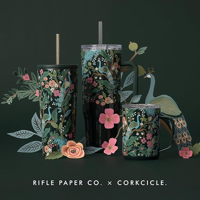 Corkcicle x Rifle Paper Co. Triple Insulated Coffee Mug with Lid & Handle - Keeps Beverages Hot for 3+ Hours - Gift for Mom - Great for Mother's Day or Christmas - 16 oz - Peacock Blue