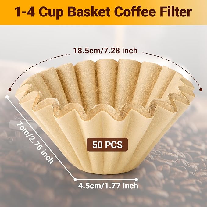 Segarty 1-4 Cup Disposable Basket Coffee Filters, 50 Count 7.2in Natural Unbleached Brown Paper-made Filter Pour Over Maker Papers, Ideal for Coffee Percolator Dripper Most Brewer Machine Home Office