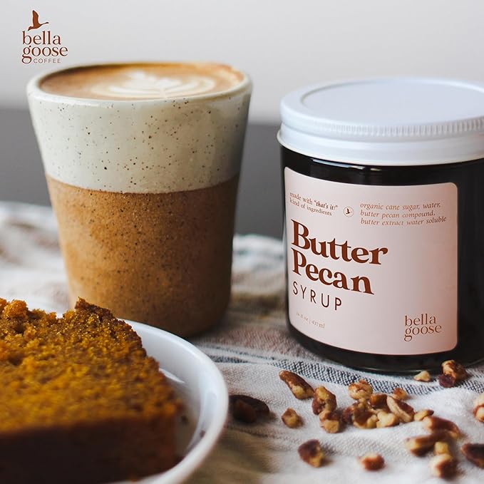 Bella Goose Butter Pecan Coffee Syrup Jar (16oz) - Homemade Pure Cane Sugar Syrup for Lattes, Matcha, Desserts - Clean Ingredient - No Artificial Flavors - Syrups for Coffee Drinks