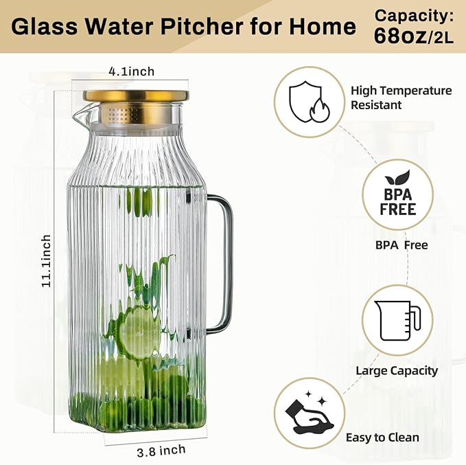 Square Glass Pitcher with Lid and Spout,68 oz/2 Liter Vertical Stripes Water Pitcher for Fridge, Borosilicate Glass Water Carafe for Cold Brew, Coffee, Lemonade, Sun Tea,Heat Resistant