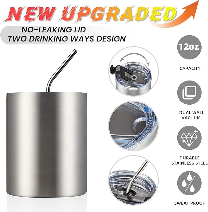 MEWAY 12 oz Lowball, Tumbler Stainless Steel Double Wall Vacuum Insulated Mug with Straw and Lid, Cleaning Brush ，Durable Powder Coated Insulated Coffee Cup for Cold & Hot Drinks (Silver,4 pack)