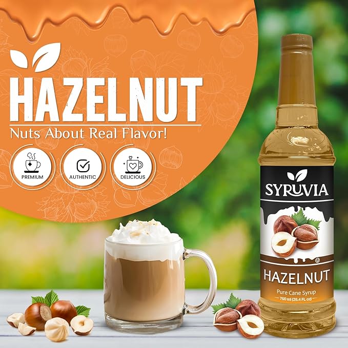 Syruvia Coffee Syrup, Hazelnut Flavored Syrup for Drinks, Lattes, and Desserts – 25.4 fl oz, With Pump