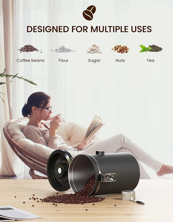 HAIOOU Airtight Coffee Canister Wood Grain [New Version], 22OZ Large Stainless Steel Coffee Bean Storage Container with Date Tracker, Measuring Scoop, CO2 Releasing Valves - Walnut and Gray