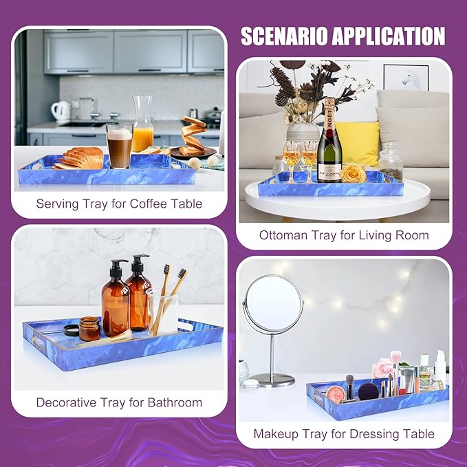 Gifturbo Blue Marble Serving Tray,Decorative Serving Trays with Handles,Coffee Table Tray Ottoman Rectangular Plastic Trays with Gold Rim for Living Room, Bathroom,15.7 x 10.2 x1.37 inches