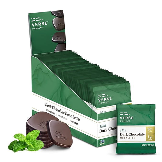 Verse Chocolate Mint 90% Dark Chocolate Squares - Only 1g Cane Sugar - Creamy Dark Cocoa - Individually Wrapped Chocolates (30 Count)