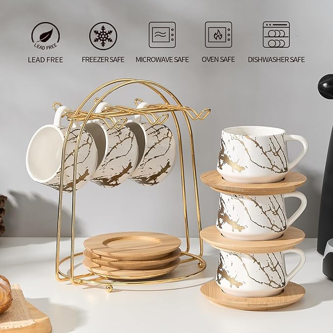 LUKA Ceramic Espresso Cups with Saucers and Metal Stand, Small 4 oz Porcelain Demitasse Cups Set of 6, Cute Cappuccino Coffee Cups for Double Espresso, Tea, Marbling White