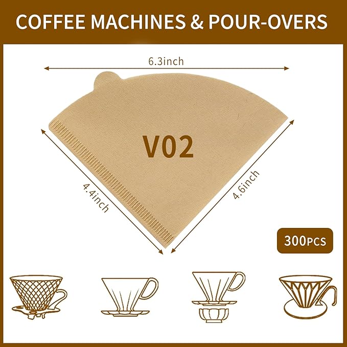 V60 Coffee Filters, 300 Count Size 02 Pour Over Coffee Filter, 1-4 Cups Disposable Cone Paper Coffee Filters 2， Compatible with Conical Shaped Dripper and Drip Coffee Maker (Natural)
