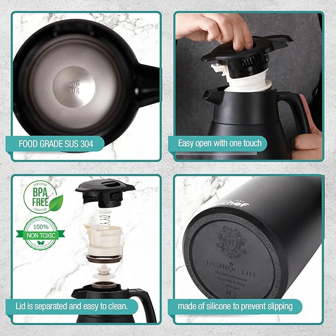 SINCE 1997 MR.CHEF 68Oz Thermal Coffee Carafe, Insulated Stainless Steel Coffee Carafes for Keeping Hot/Double Walled Vacuum Coffee Carafe (White, 2L)