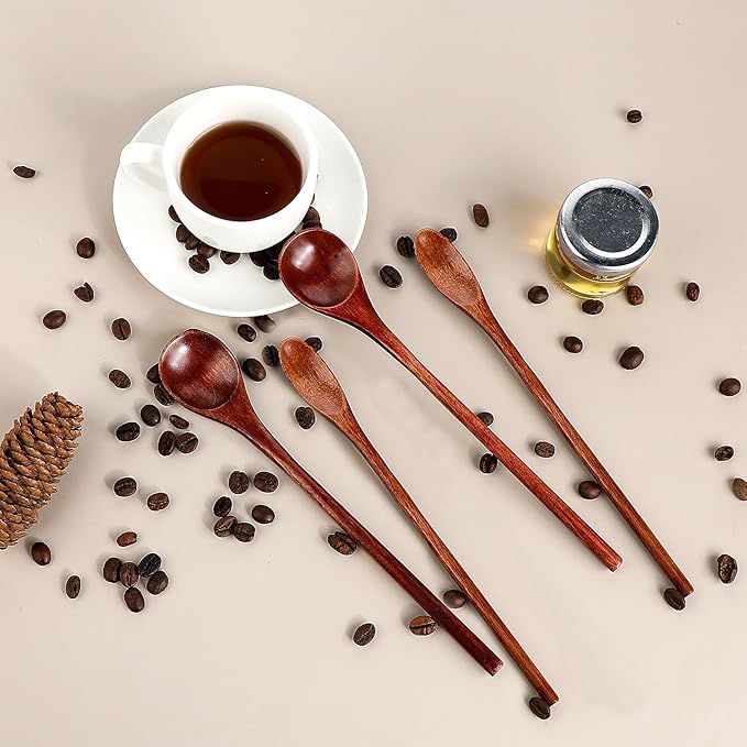 6 Pcs Wooden Coffee Spoons, Long Handle Wooden Teaspoon, Stirring Teaspoon, Long Handle Mixing Wooden Spoon for Stirring Coffee, Tea, Honey, Tasting Spoon Set for Kitchen Stirring