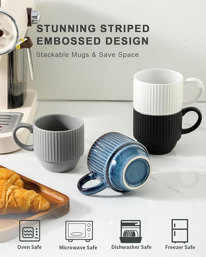 Hasense Ceramic Coffee Mug Set of 4 with Rack - 12 oz Stackable Coffee Cups Ceramic - Modern Ribbed Latte Cup Sets for Cappuccino, Tea, Hot Cocoa, Drinks - Wedding & Housewarming Gifts Multi Colors