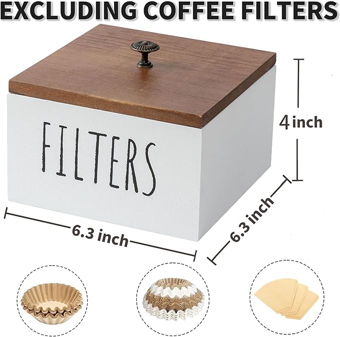 Wooden Coffee Filter Holder - Container With Lid, Rustic Dispenser Basket for Bar Decor, Farmhouse Accessories (White)