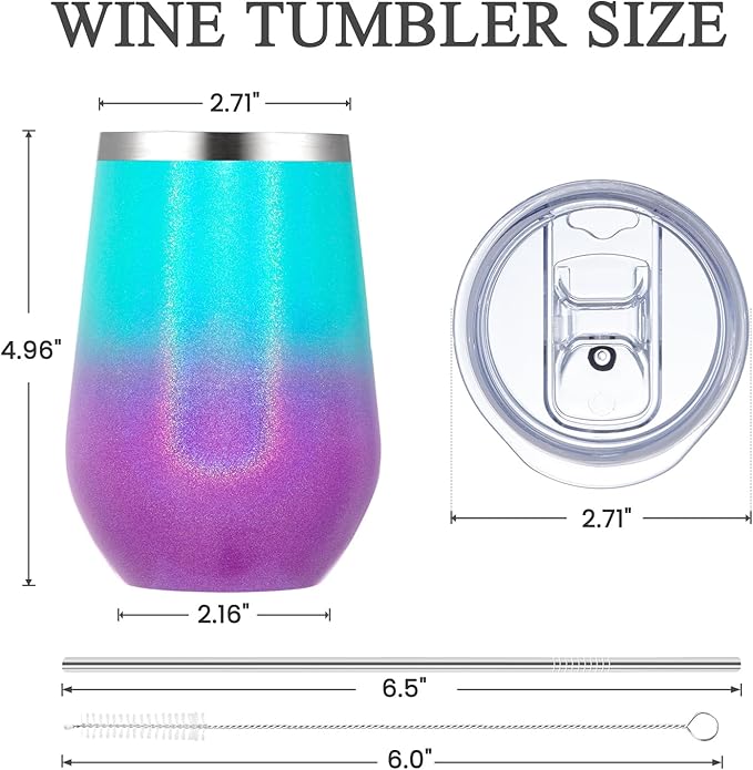 MEWAY Stemless 12oz Insulated Wine Tumbler with Lid and Straw - Double Wall Stainless Steel Thermal Cup for Hot and Cold Drinks, Travel wine glass, Bridal and Baby Shower Game Prizes(Glitter Aurora,1)