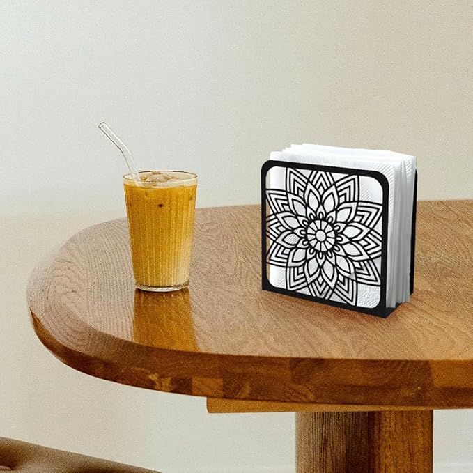 Mandala Sunflower Decorative Black Metal Napkin Holder for Table, 4.9" x 4.9" x 1.9" Sunflower Standing Napkin Holder for Home Kitchen Restaurant Picnic Party Coffee Bar Dining Room