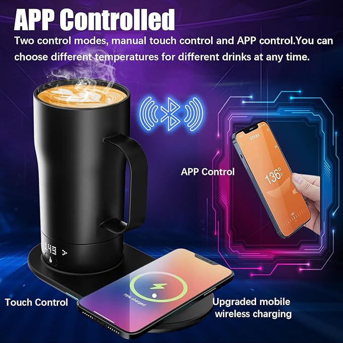 Smart Self Heating Coffee Mug 18 Oz Temperature Control Heated Coffee Mug App Controlled Warmer Mug 5-10 Hour LED Display Keep Coffee Hot All Day Fast Wireless Charger Base Dull Black