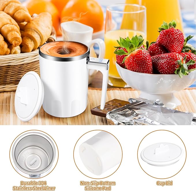 Self Stirring Coffee Mug: 2025 New Rechargeable Auto Magnetic Stirring Mixing Mug with Temperature Display,13oz Stainless Steel Travel Coffee Cup for Office, Home, Kitchen, Best Gift (White)