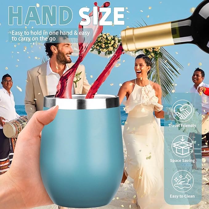 12oz/4 Pack Stainless Steel Wine Tumbler with Lid and Straw, Double Wall Vacuum Insulated Wine Tumbler Glasses, Stemless Travel Mugs for Hot and Cold Drinks, Coffee, Wine, Cocktails