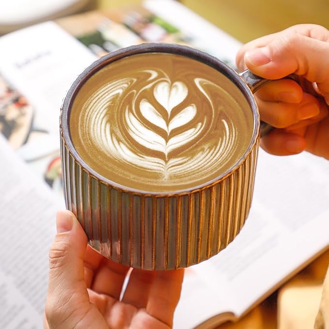 Hasense Porcealin Coffee Mugs, Stackable Coffee Cups Set of 4 with Stand - 15 oz Large Ceramic Ribbed Latte Cup Set for Cappuccino, Tea, Hot Cocoa, Drinks - Dishwasher & Microwave Safe, Brown