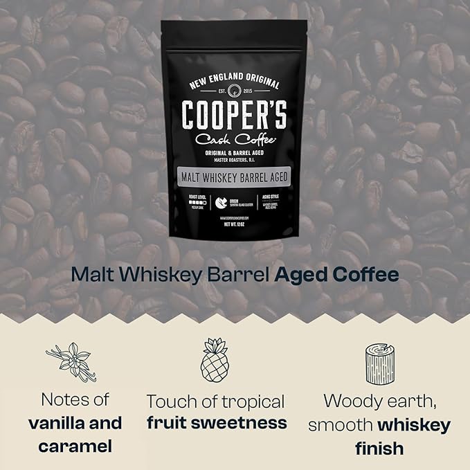 Whiskey Barrel Aged Coffee, Single-Origin Sumatra Beans Aged in American Malt Whiskey Barrels, Medium Dark Roast Whole Bean, 12 oz