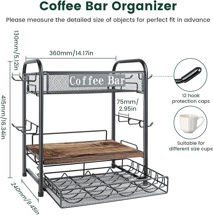 Coffee Bar Organizer, Station Mug Holder for Countertop, Multi-Functional 3 Tier Coffee Cup Tree Rack for Kitchen, Storage Shelf with 10 Hooks, Vertuo Pods Drawer for Home Office