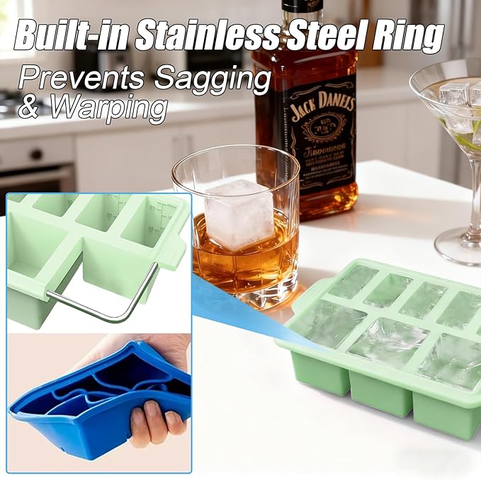 Silicone Ice Cube Tray with Lid 8-Cavity Reinforced Steel Frame Ice Cube Trays Easy Release BPA-Free Makes 3 Large Square & 5 Small Rectangular Ice Trays for Cocktails Whiskey Coffee,Pink