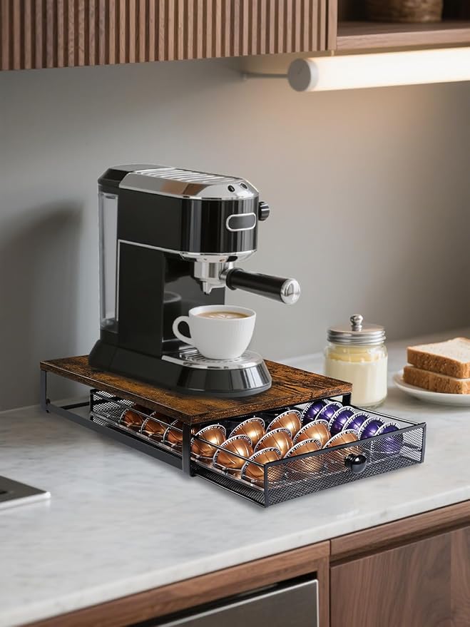 Coffee Pod Holder Drawer Organizer Vertuo Capsules Storage Organizer with Sliding Drawer Compatible For Nespresso Vertuo Pods, Holds up to 54 Small or 28 Big Vertuo Pods Rustic Brown
