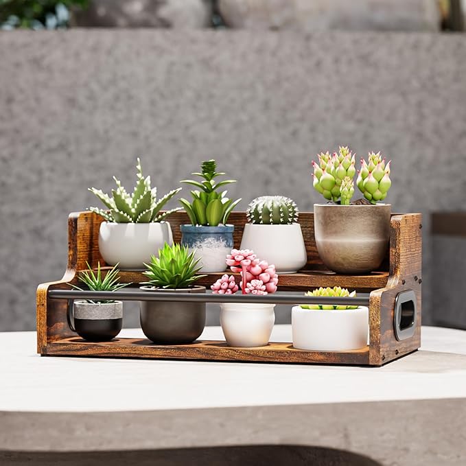 KLM Liquor Bottle Display Shelf, Coffee Syrup Rack Organizer, 2 Step Countertop Liquor Wine Rack, mini bar,Liquor Cabinet, Home Retro Bar Shelf Stand for Liquor Whiskey, Spirits, Brown