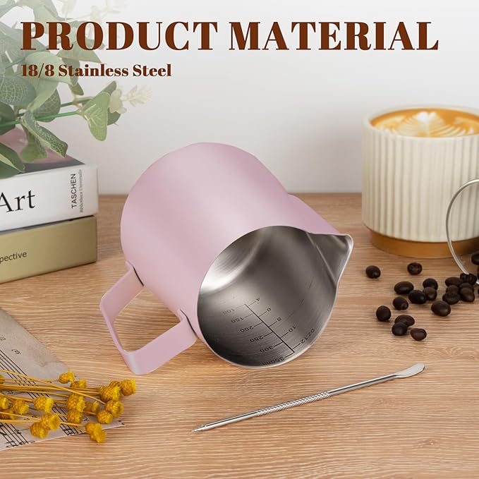 Milk Frothing Pitcher, 12 oz Milk Frother Cup with Clear Scale, 304 Stainless Steel Cappuccino Espresso Machine Accessories for Barista Coffee Bar with Latte Art Pen, Pink