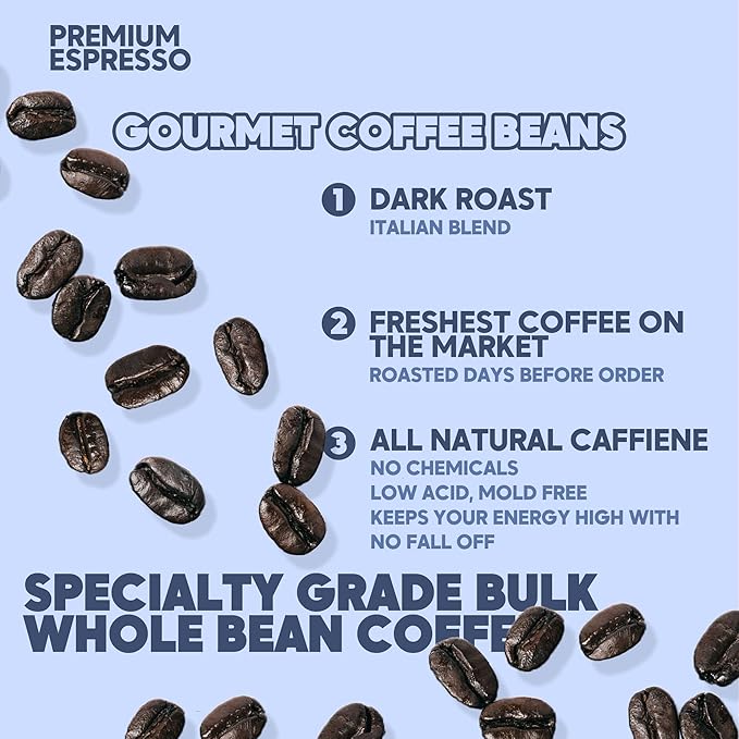 Sarasota Coffee Whole Bean Espresso | Dark Roast Gourmet Coffee Beans | Low Acid, Mold Free, Specialty Grade Bulk Beans | 5lb (80 oz)