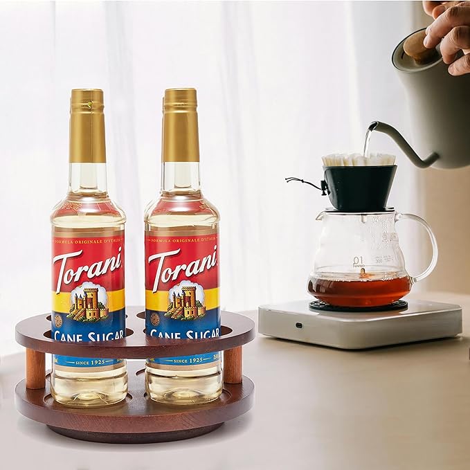 Wood Rotating Coffee Syrup Organizer, 4 Bottles Coffee Syrup Rack, Coffee Station Organizer with Large Base and Anti-Slip Pad