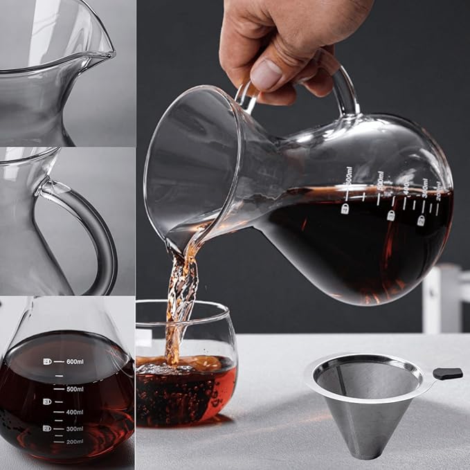 34oz Pour Over Coffee Maker with Stainless Steel Filter, Thickened Heat-Resistant Borosilicate Glass Dripper & Carafe, Stovetop Safe Hand Coffee Brewer with Handle for Home, Office, Camping (34oz)