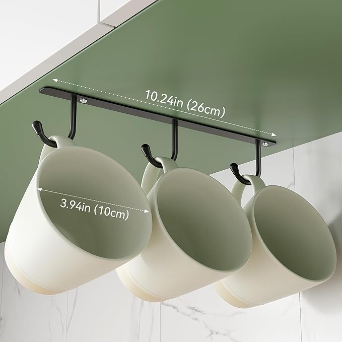 ECROCY Coffee Mug Holder Under Cabinet, Easy Screw Mounting, 3 Pack Mug Rack with Wide Hook Spacing, Sturdy Mug Hooks Space-Saving