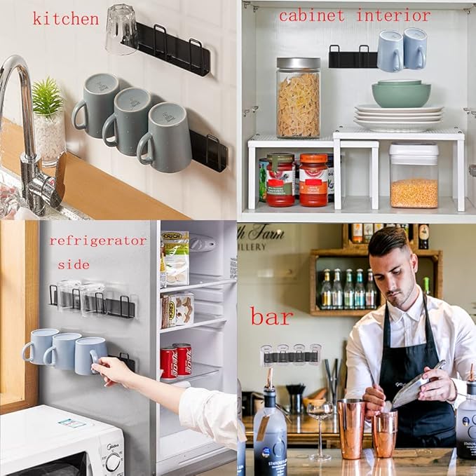 2pcs Mug Hooks Wall-mounted Mug Holder, Coffee Cups Holder Hanger no Drilling,mug rack Hooks with 4 cup holders,Cups Storage Hooks for kitchen, living room, office (Black)