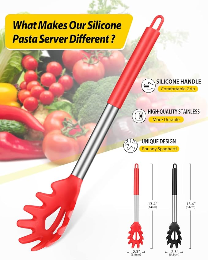 Pack of 2 Silicone Pasta Fork, Kitchen Heat Resistant Noodle Spoon Server, BPA Free Spaghetti Strainer, Best Cooking Tools (BLACK-RED)