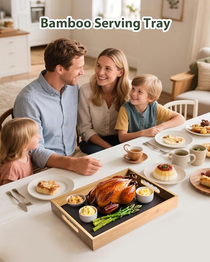 Bamboo Serving Tray with Handle, Breakfast in Bed Tray with Removable Silicone Mat, for Pantry Living Room Bathroom Tea Bar