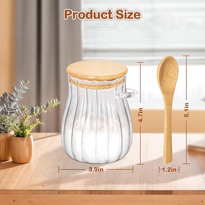 20oz Sugar Container with Bamboo Lid and Spoon,600 ml Sugar Bowl Glass Jar for Coffee Bar Accessories Coffee Canister Kitchen Decor (Large)