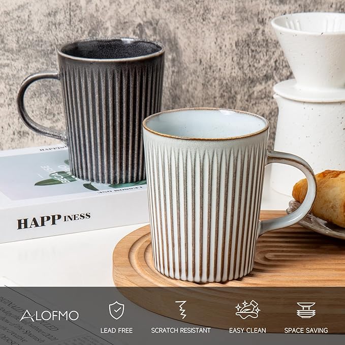 Coffee Mugs Set of 4 Modern Striped Stoneware Coffee Cups with Handle, Large Ceramic Gift Set for Women and Men, Dishwasher and Microwave Safe, 18oz for Hot Coffee, Tea, Cocoa, Milk