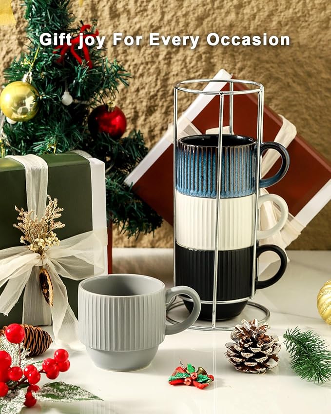 Hasense Ceramic Coffee Mug Set of 4 with Rack - 12 oz Stackable Coffee Cups Ceramic - Modern Ribbed Latte Cup Sets for Cappuccino, Tea, Hot Cocoa, Drinks - Wedding & Housewarming Gifts Multi Colors