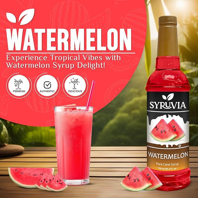Syruvia Watermelon Syrup, Flavored Syrup for Drinks, Cocktails, Lemonades, Iced Teas, and Desserts – 25.4 fl oz, With Pump