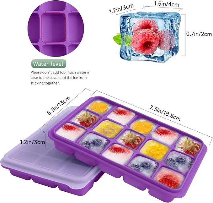 Tvmania Ice Cube Trays Set of 2, Easy Release 15 Flexible Silicone Ice Cube Molds with Removable Lid Reusable Freezer Ice Trays Stackable for Whiskey, Baby Food, BPA Free (purple)