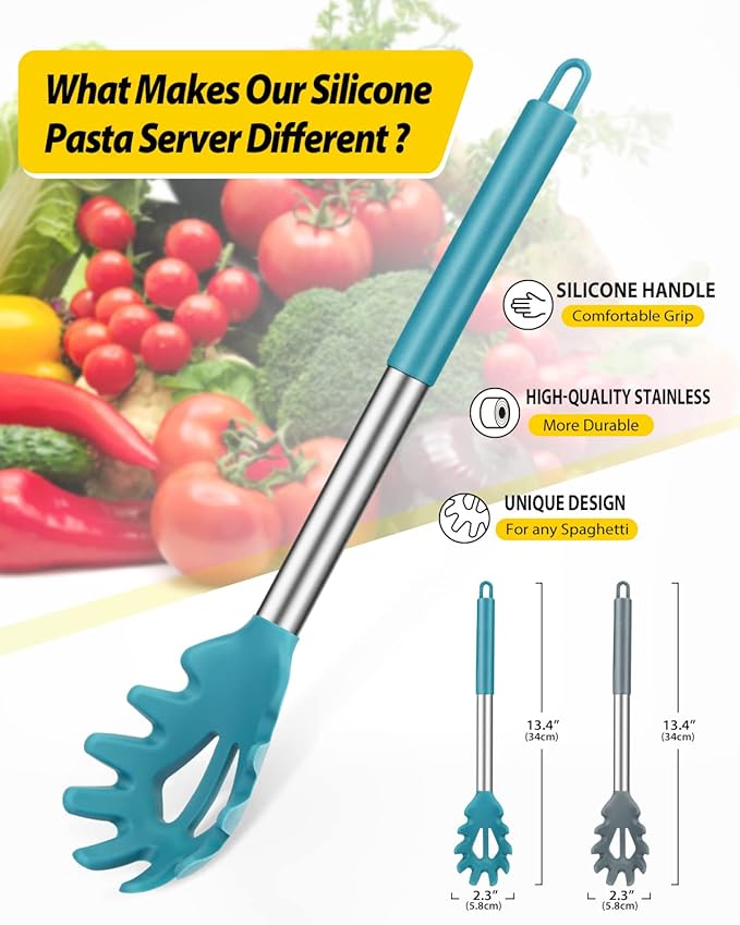 Pack of 2 Silicone Pasta Fork, Kitchen Heat Resistant Noodle Spoon Server, BPA Free Spaghetti Strainer, Best Cooking Tools (GRAY-BLUE)
