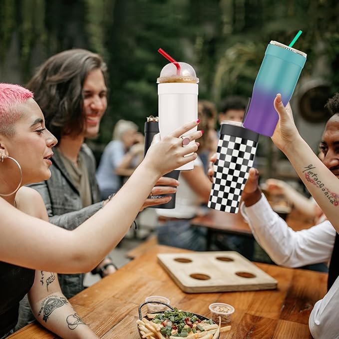 Universal Iced Coffee Sleeve - Insulated Double Wall Reusable Stainless Steel Holder Sleeves Insulator for Cold Drinks Fits Small Medium Large To Go Cups Gifts for Men Women Him Her (Black Checkered)