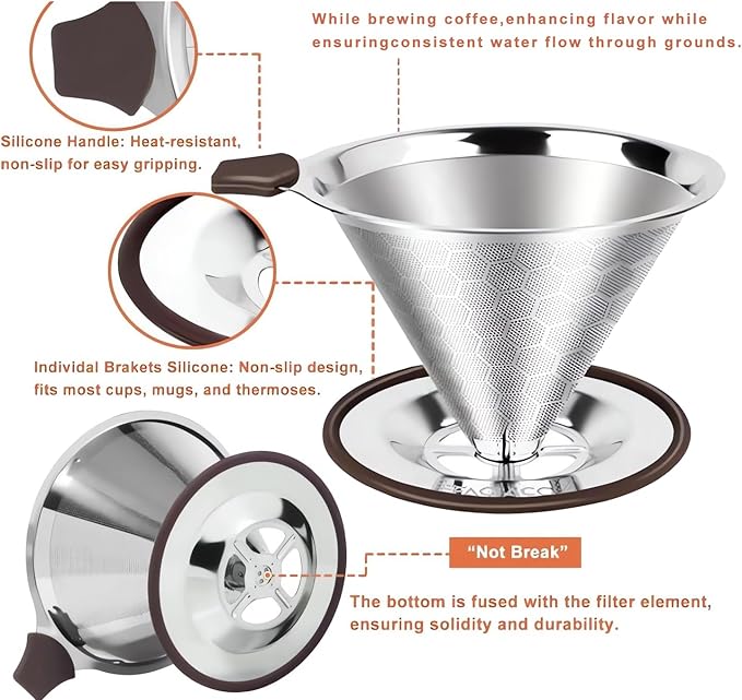 Pour Over Coffee Dripper,Stainless Steel Coffee Filter, Pour Over Maker Double Micro Mesh, Reusable Coffee Strainer (Silver)
