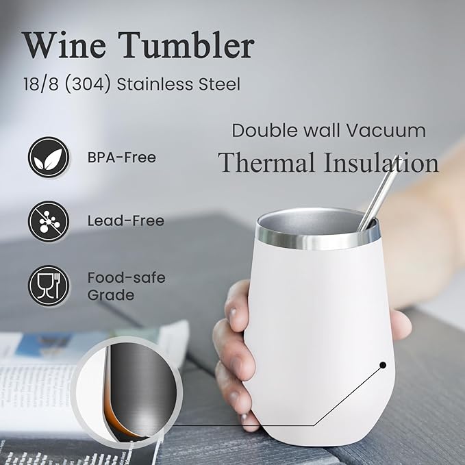 MEWAY Durable 12oz Stainless Steel Wine Tumbler with Lid and straw - Vacuum Insulated Coffee and Wine Cup for Travel, Parties, and Outdoor Events(White, Set of 4)