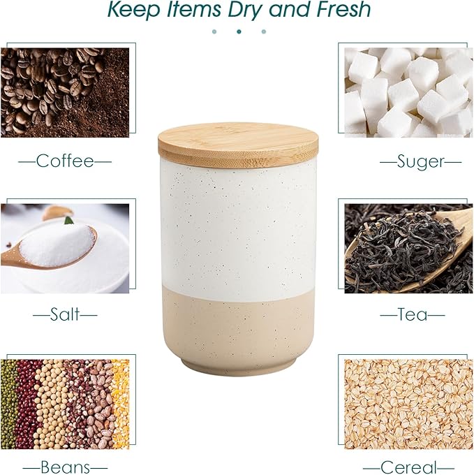 vancasso Sabine Ceramic Canister Set with Airtight Wood Lids - 4-Piece Small Kitchen Storage for Coffee, Sugar, Tea & Spices (18 oz Each) - Compact Countertop Jars